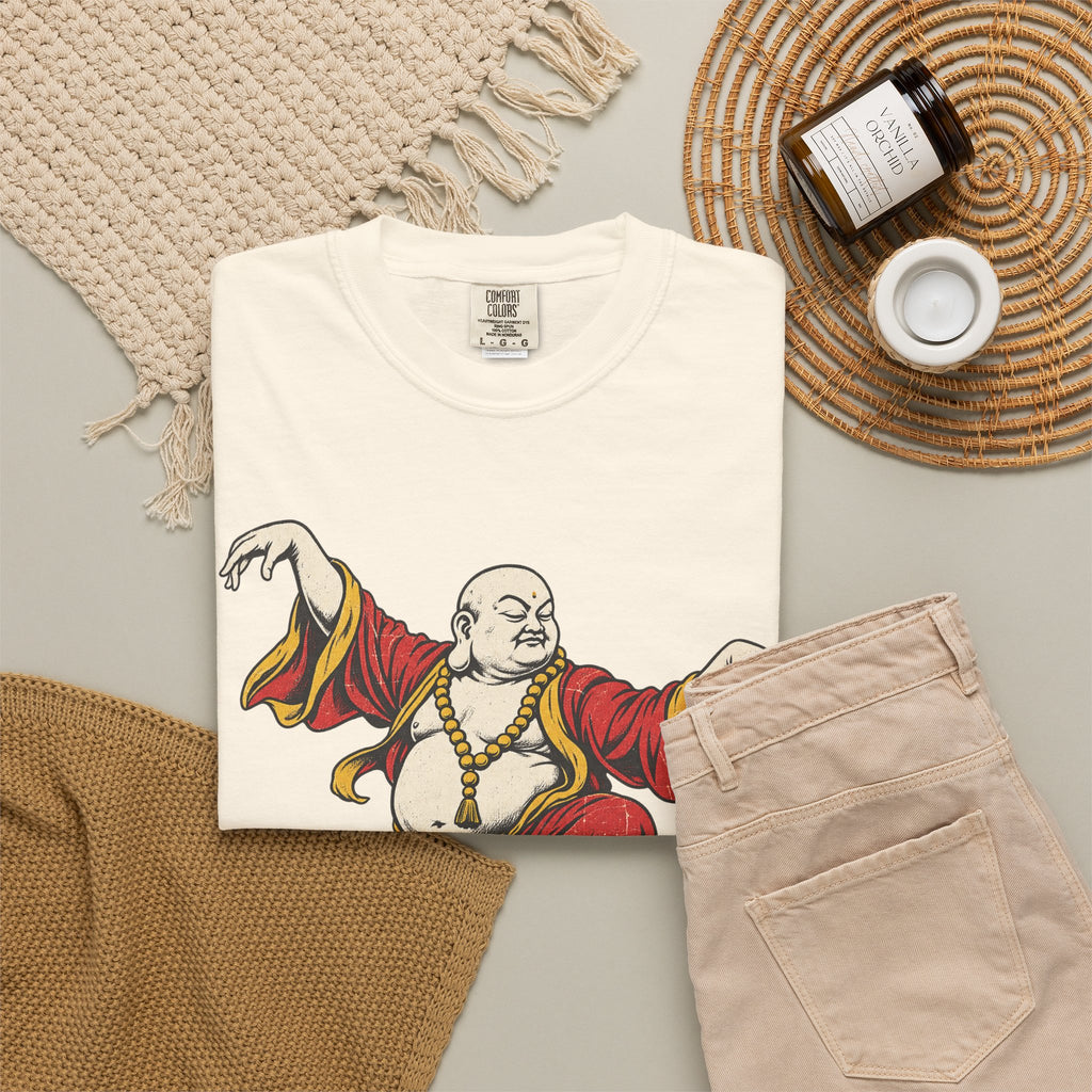 Buddha Crane Kick T-shirt in Ivory, flat lay view