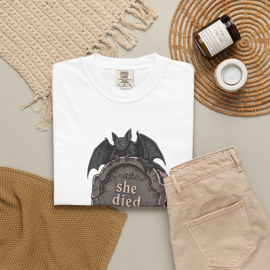 She Died Judging Your Costume T-shirt in White, flat lay view
