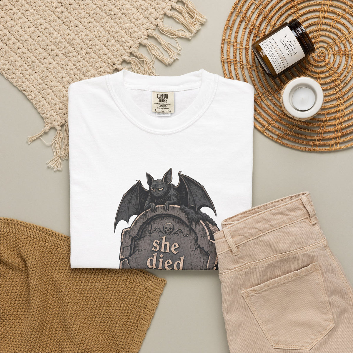 She Died Judging Your Costume T-shirt in White, flat lay view