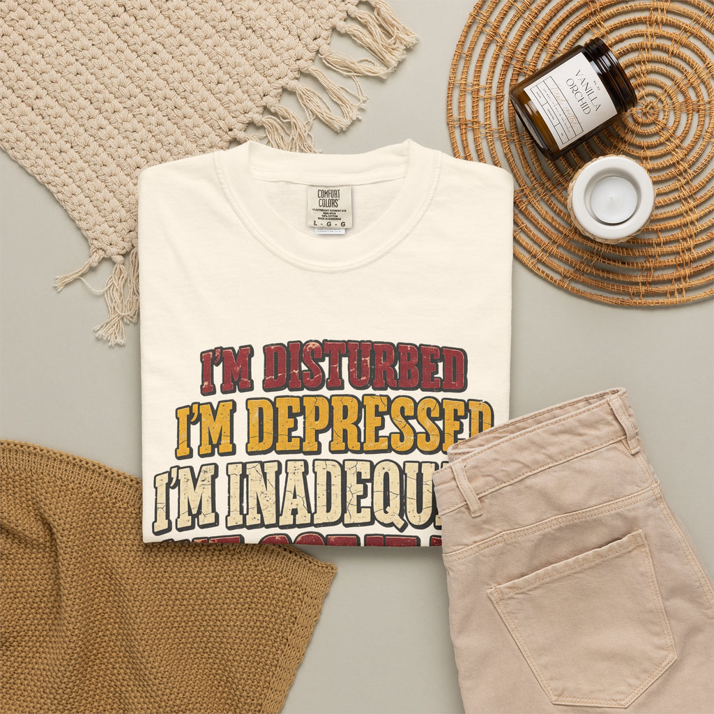 I'm Disturbed I'm Depressed I'm Inadequate I've Got It All T-shirt in Ivory, flat lay view