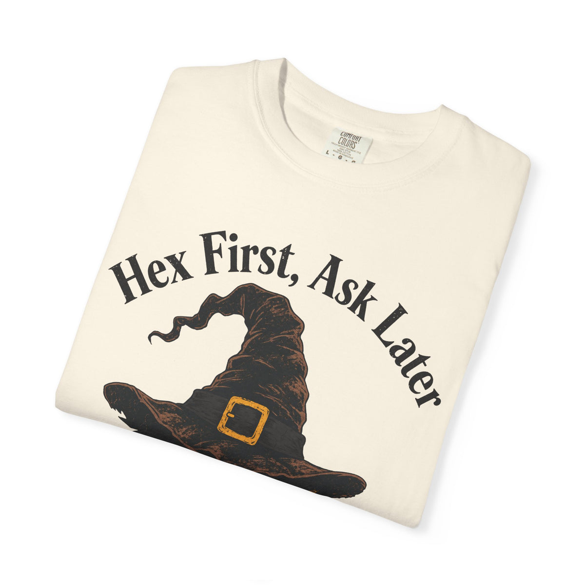 Hex First Ask Later T-shirt in Ivory, folded view