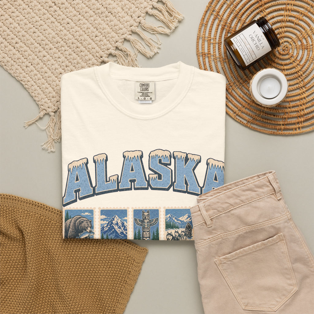 Alaska Postage Stamp T-shirt in Ivory, flat lay view