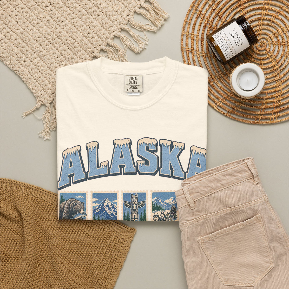Alaska Postage Stamp T-shirt in Ivory, flat lay view