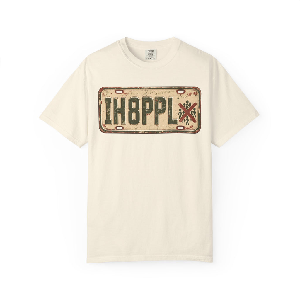 IH8PPL License Plate T-shirt in Ivory, front view