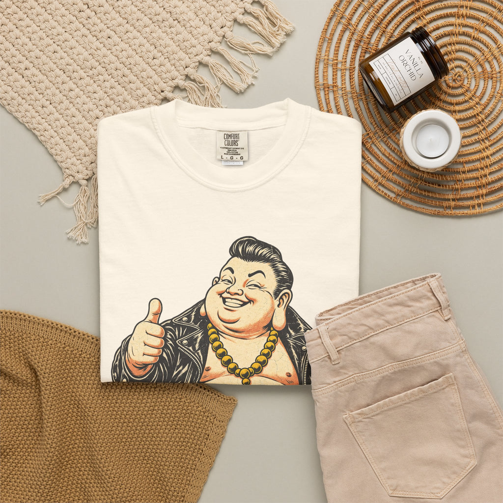 Buddha Leather Jacket Thumbs Up T-shirt in Ivory, flat lay view