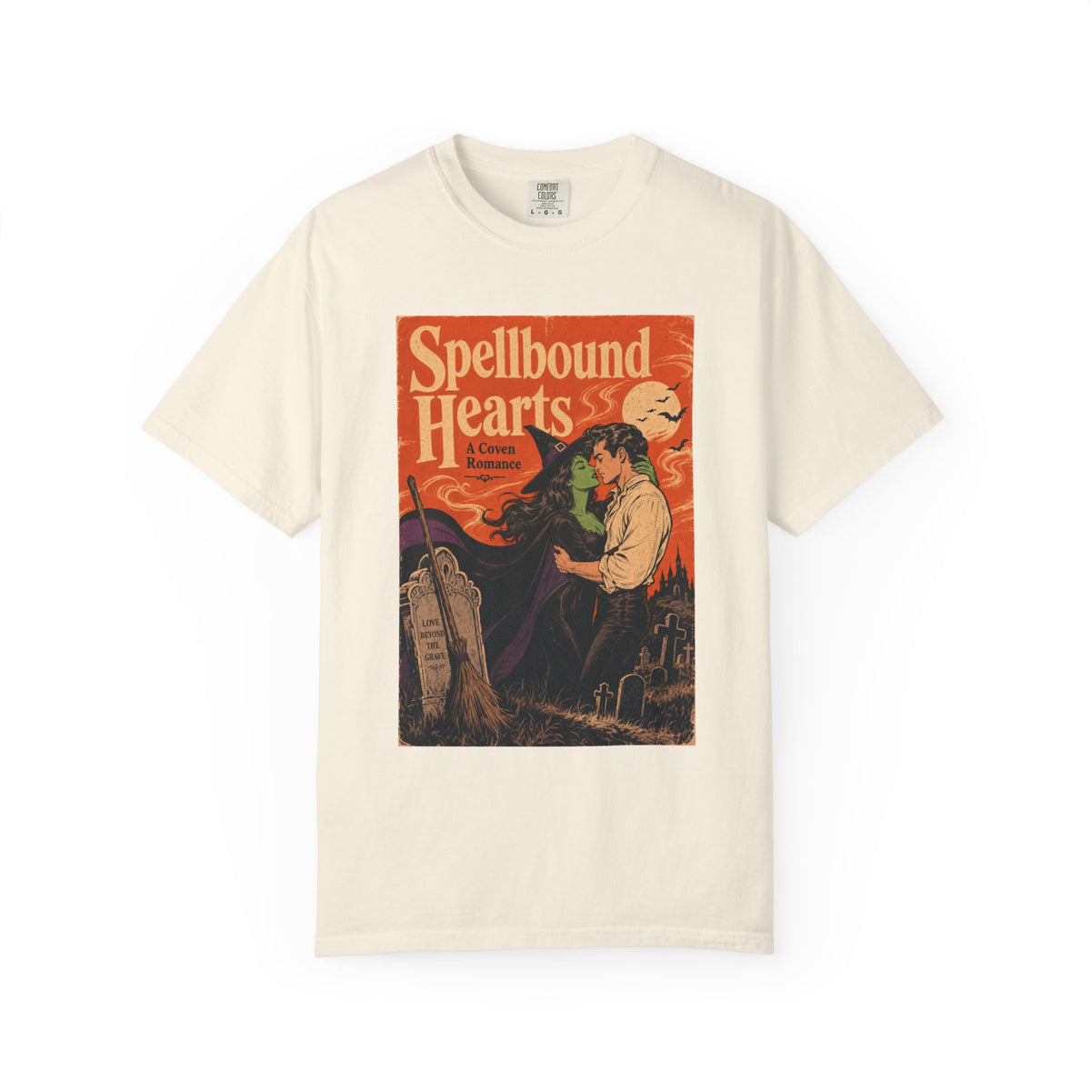 Spellbound Hearts Witch Romance Novel T-shirt in Ivory, front view