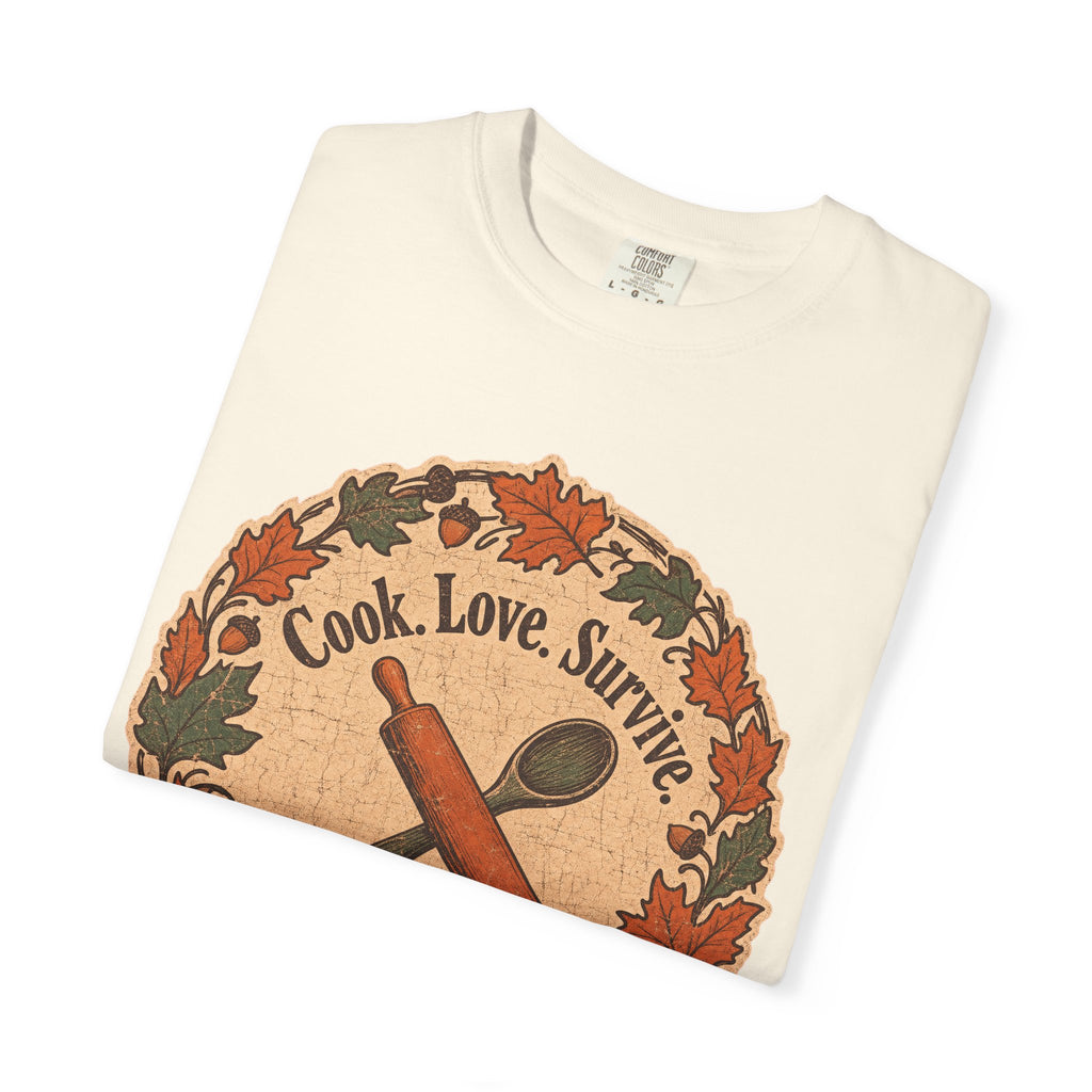 Cook Love Survive T-shirt in Ivory, folded view