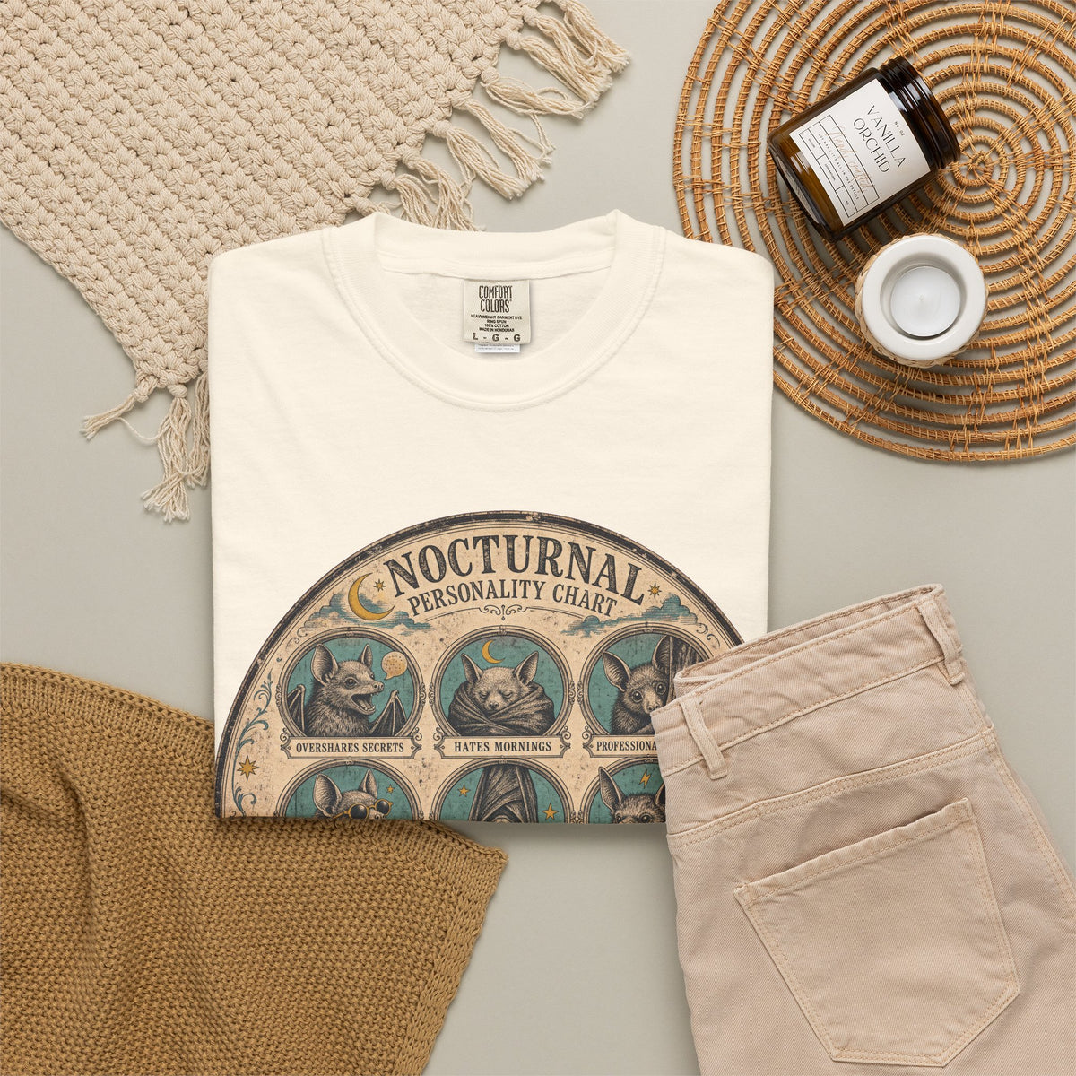 Nocturnal Personality Chart T-shirt in Ivory, flat lay view