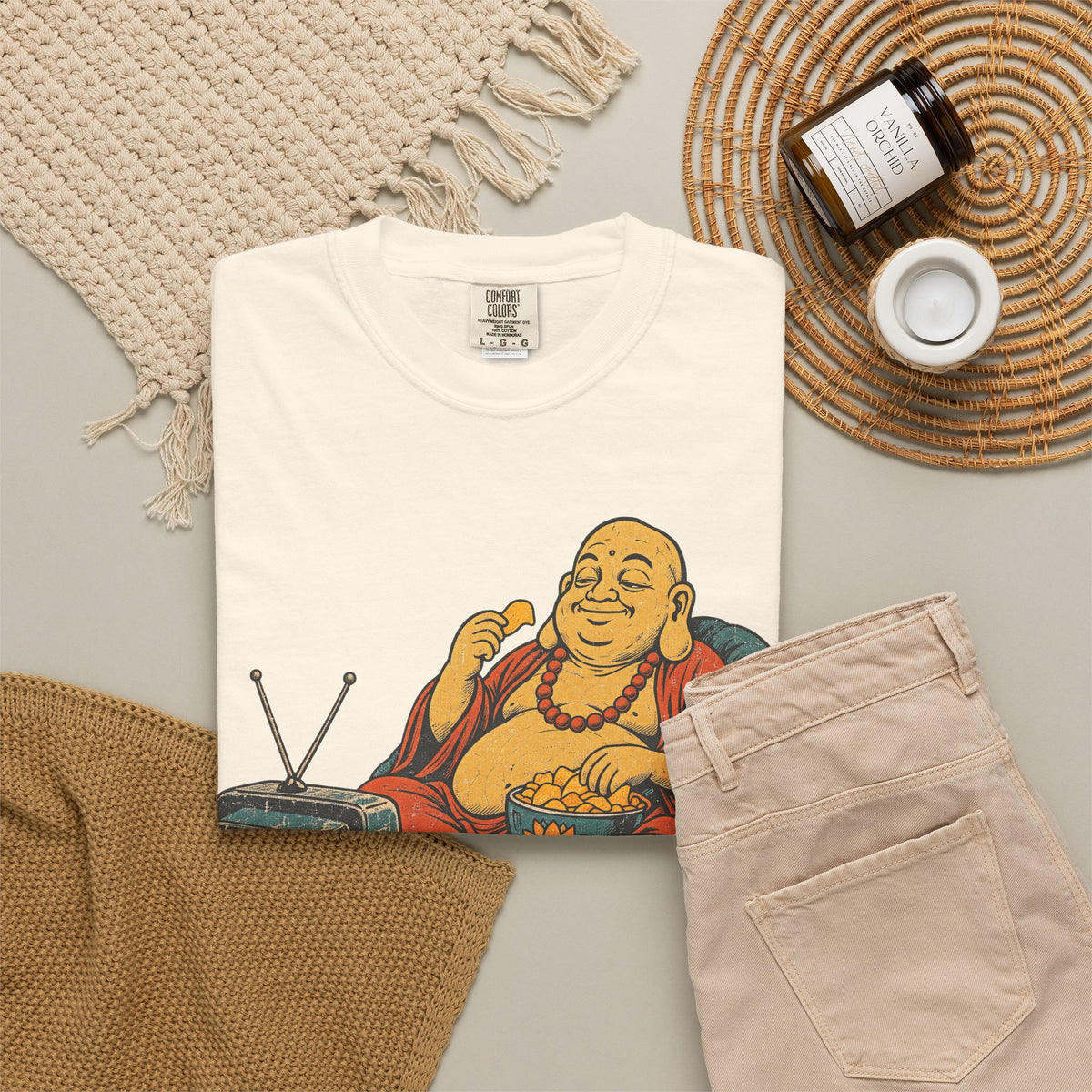 Couch Potato Buddha T-shirt in Ivory, flat lay view