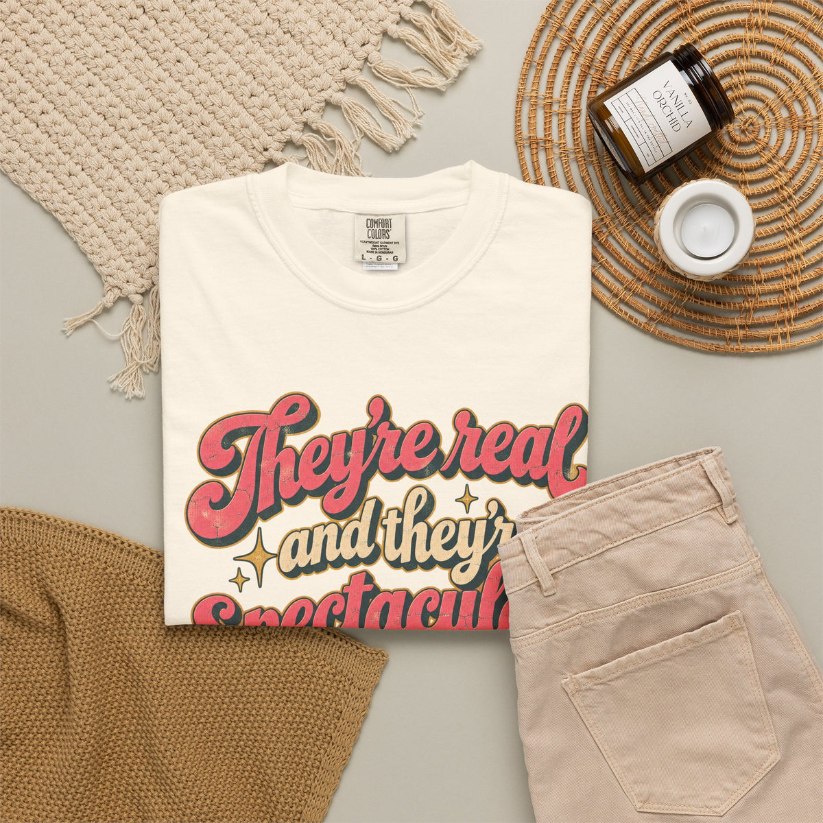 They're Real and They're Spectacular T-shirt in Ivory, flat lay view