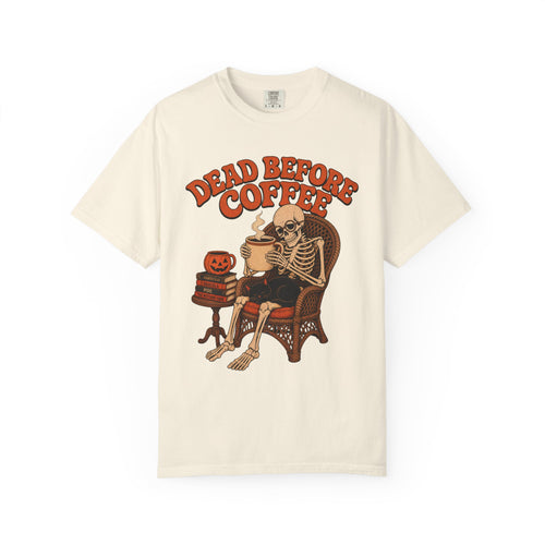 Dead Before Coffee Skeleton T-shirt in Ivory, front view