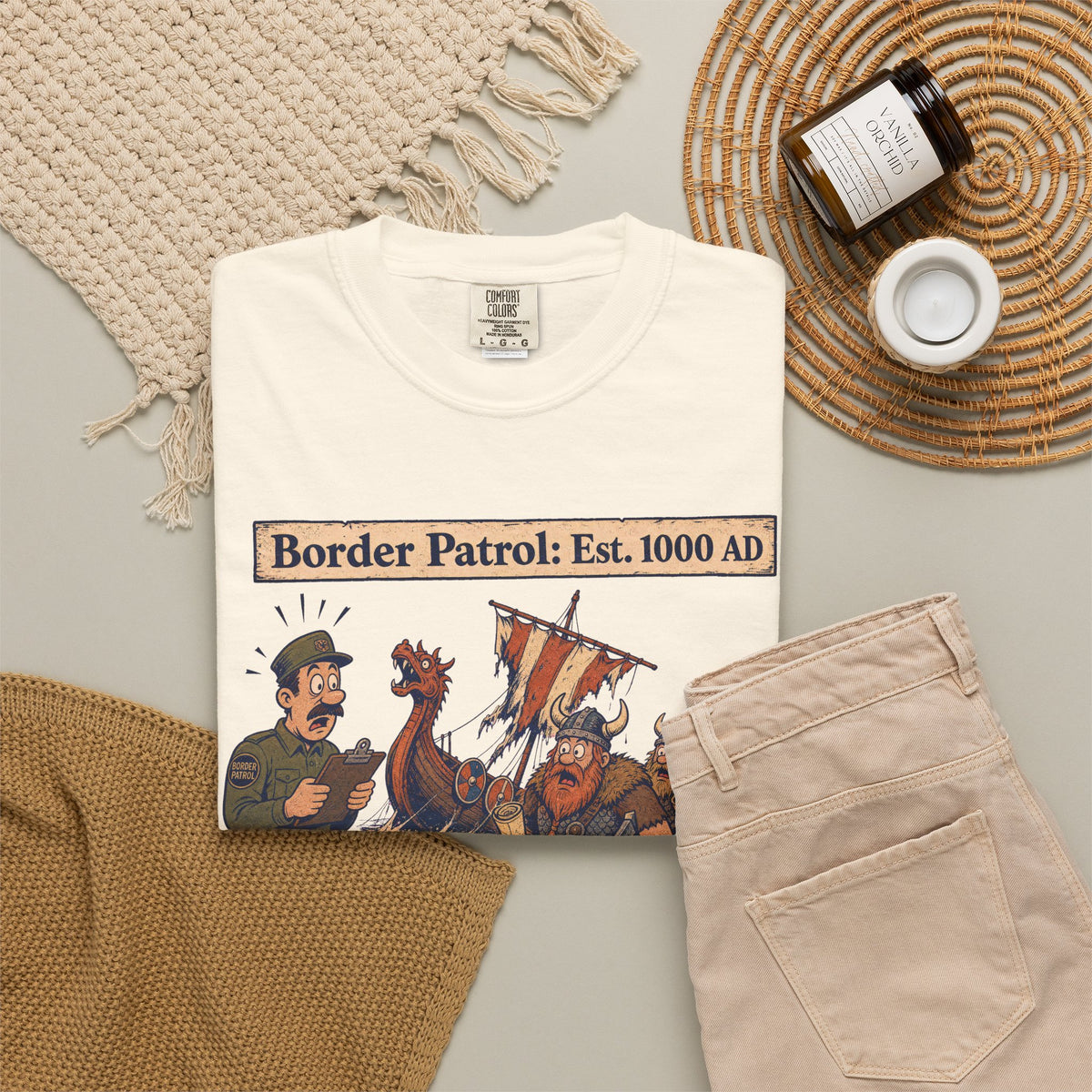 Border Patrol Est 1000 AD T-shirt in Ivory, flat lay view