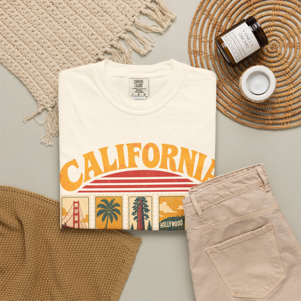 California Postage Stamp T-shirt in Ivory, flat lay view