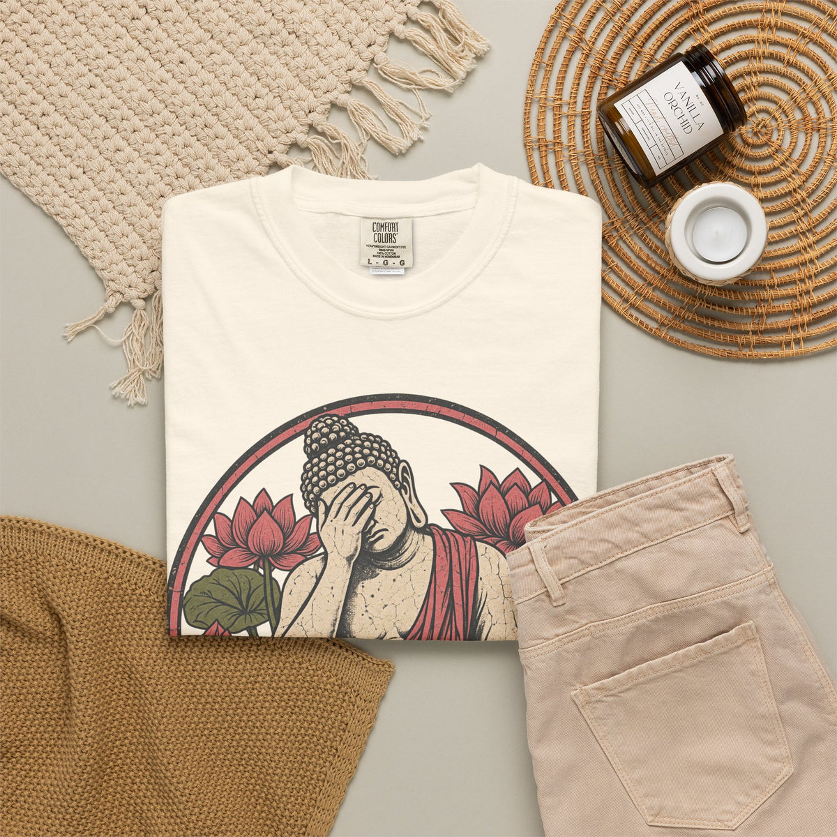 Facepalm Buddha T-shirt in Ivory, flat lay view