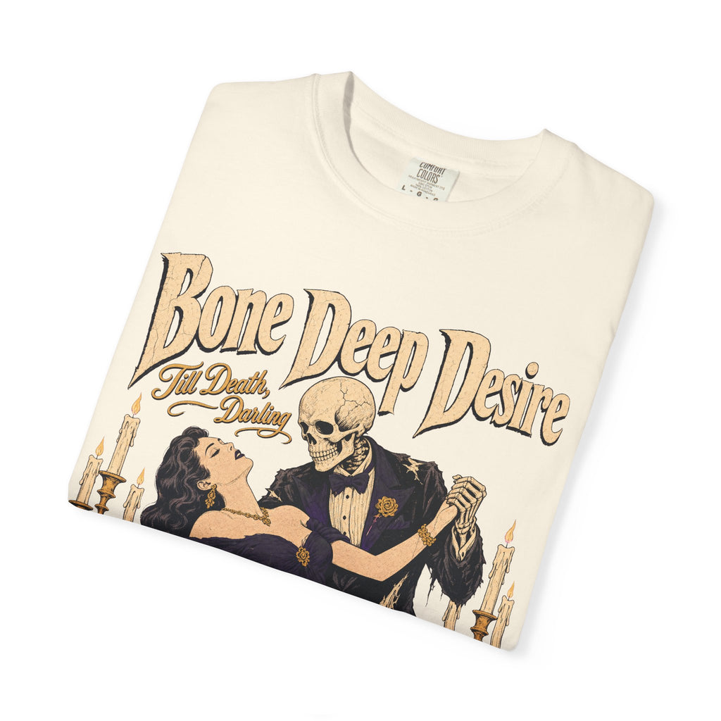 Bone Deep Desire Skeleton Romance Novel T-shirt in Ivory, folded view