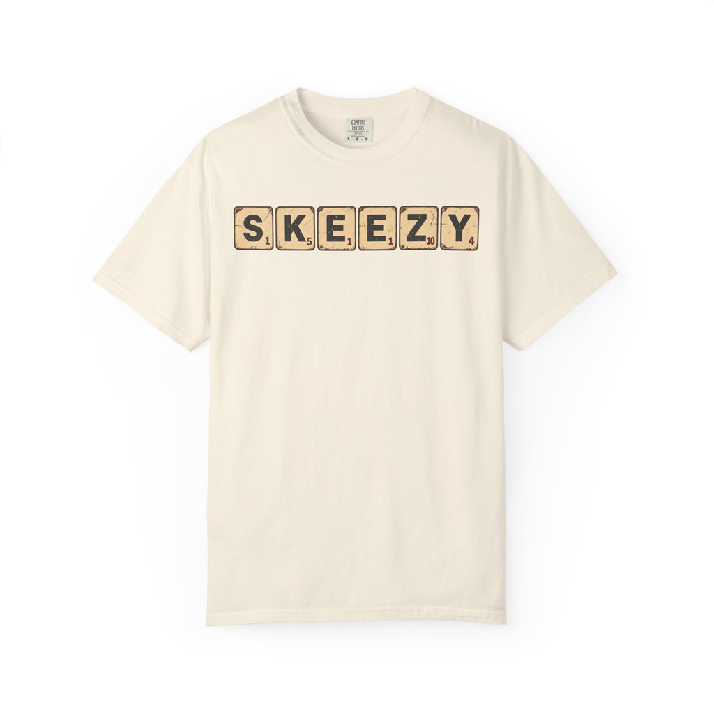 Skeezy Scrabble Tiles T-shirt in Ivory, front view