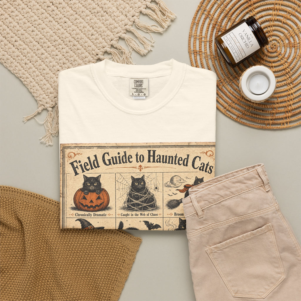 Field Guide to Haunted Cats T-shirt in Ivory, flat lay view