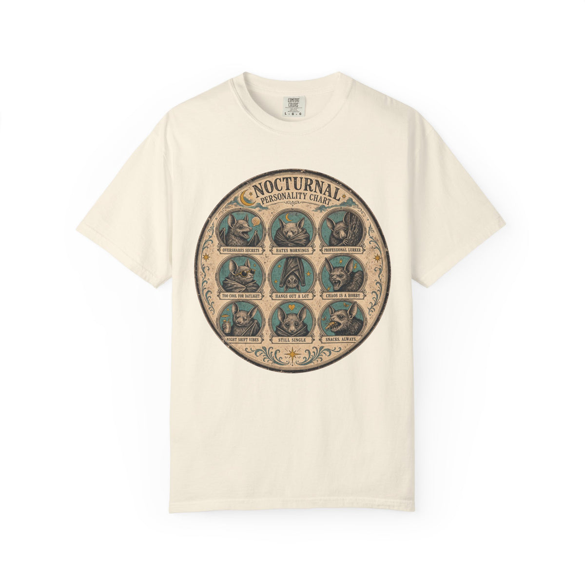 Nocturnal Personality Chart T-shirt in Ivory, front view