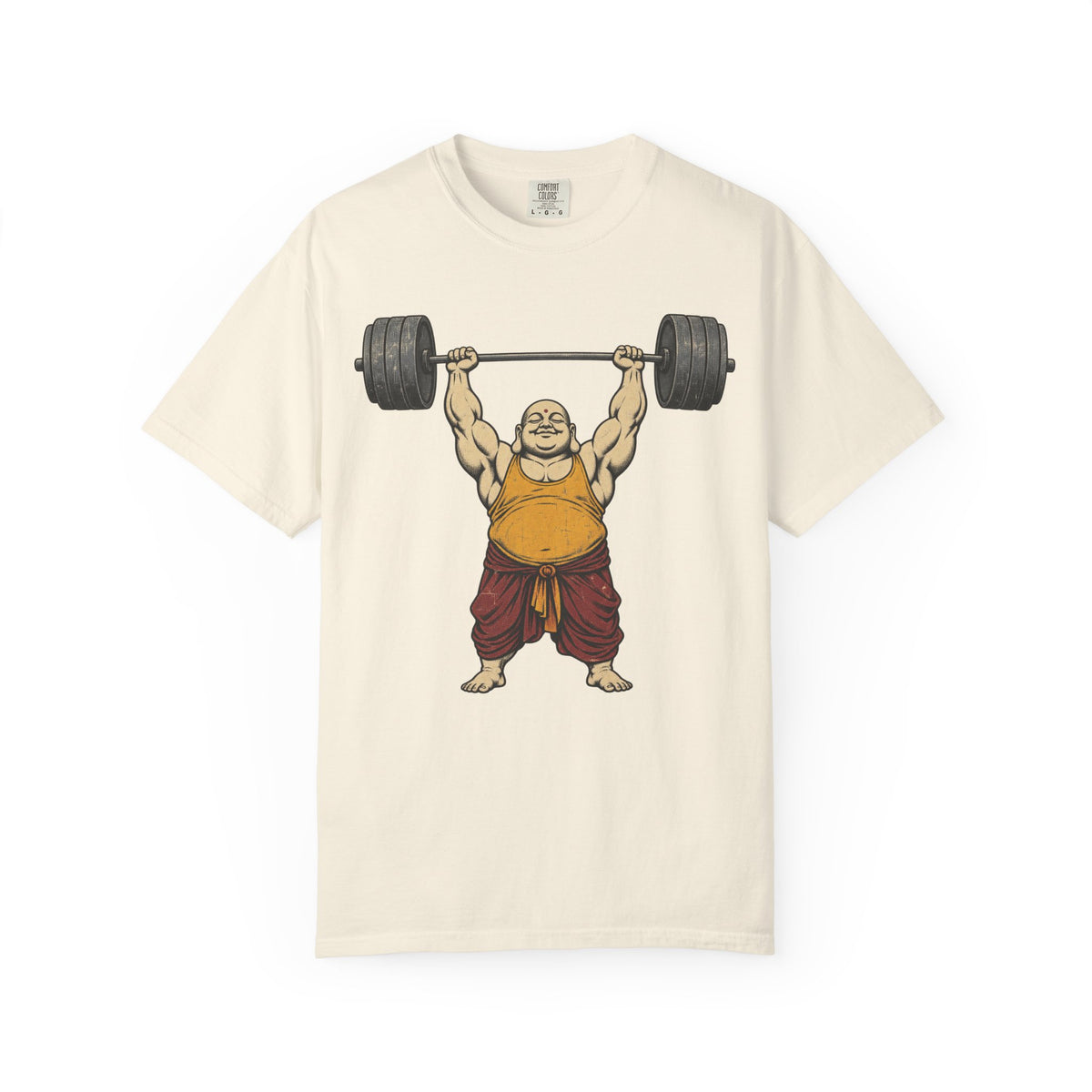 Buddha Weightlifting T-shirt in Ivory, front view
