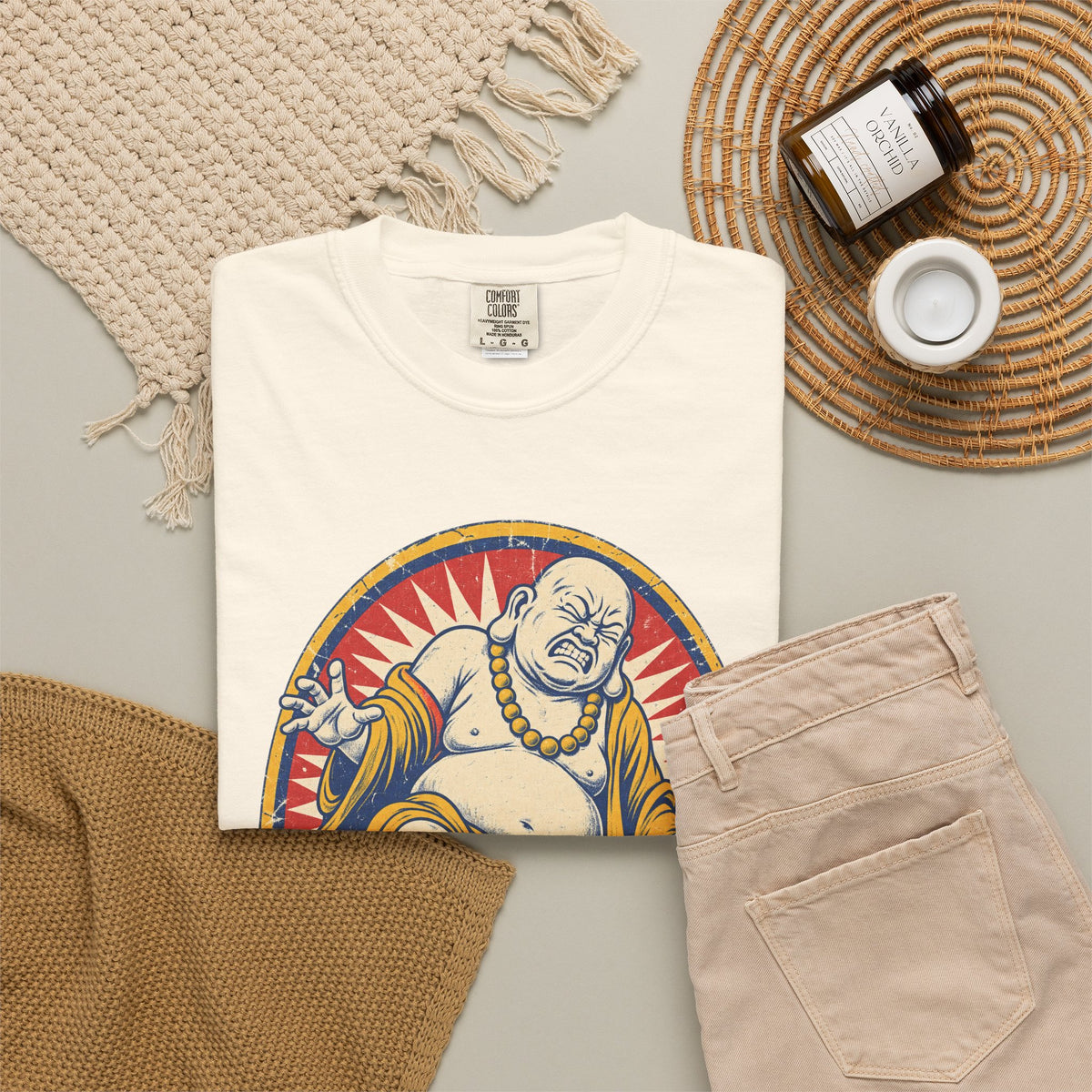 Buddha Stepping on Lego T-shirt in Ivory, flat lay view