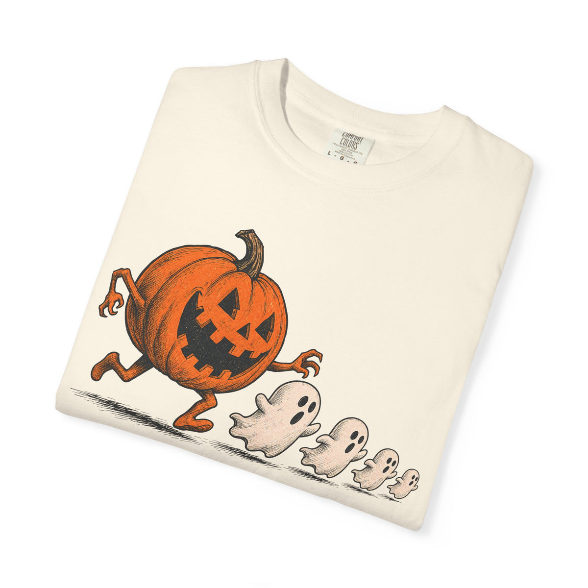 Jack-O-Lantern Chasing Ghosts T-shirt in Ivory, folded view