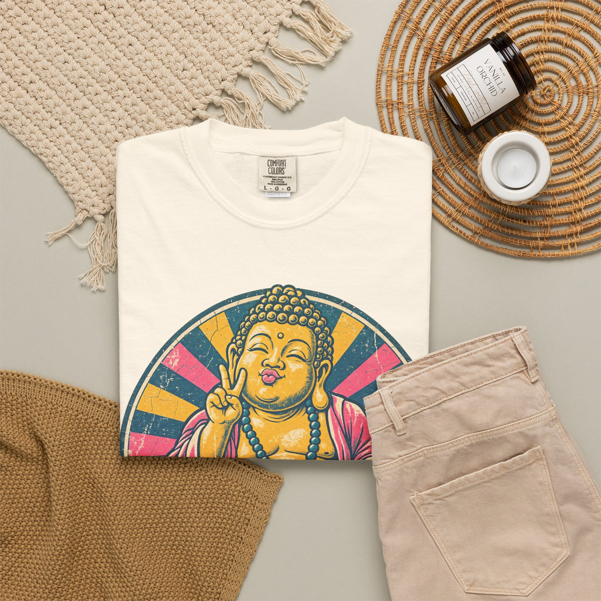 Buddha Selfie T-shirt in Ivory, flat lay view