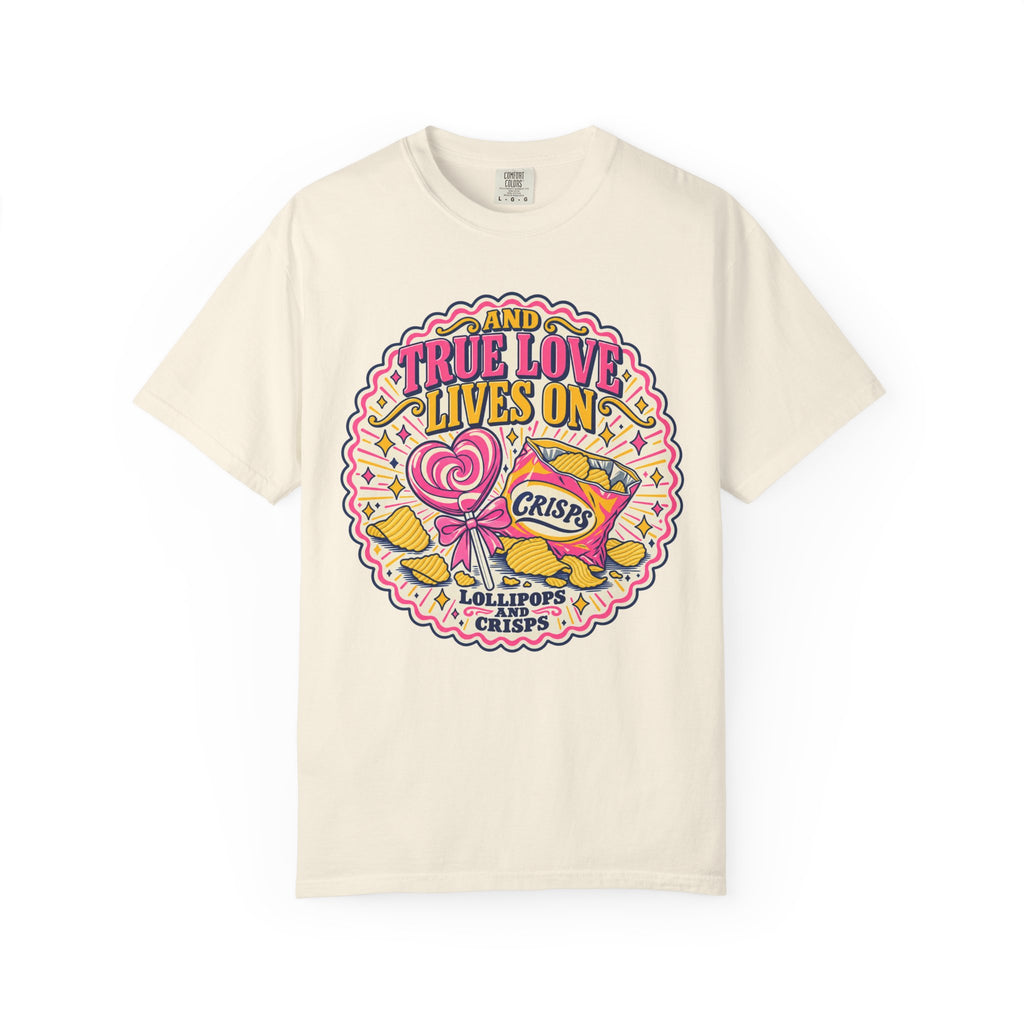 True Love Lives On Lollipops And Crisps T-shirt in Ivory, front view