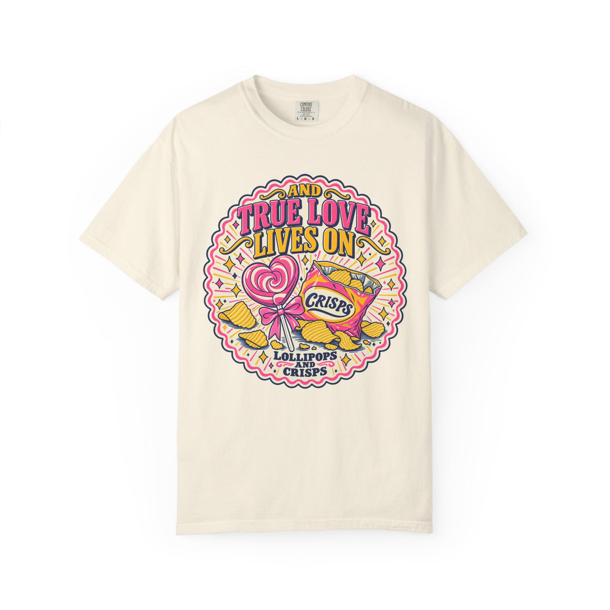 True Love Lives On Lollipops And Crisps T-shirt in Ivory, front view