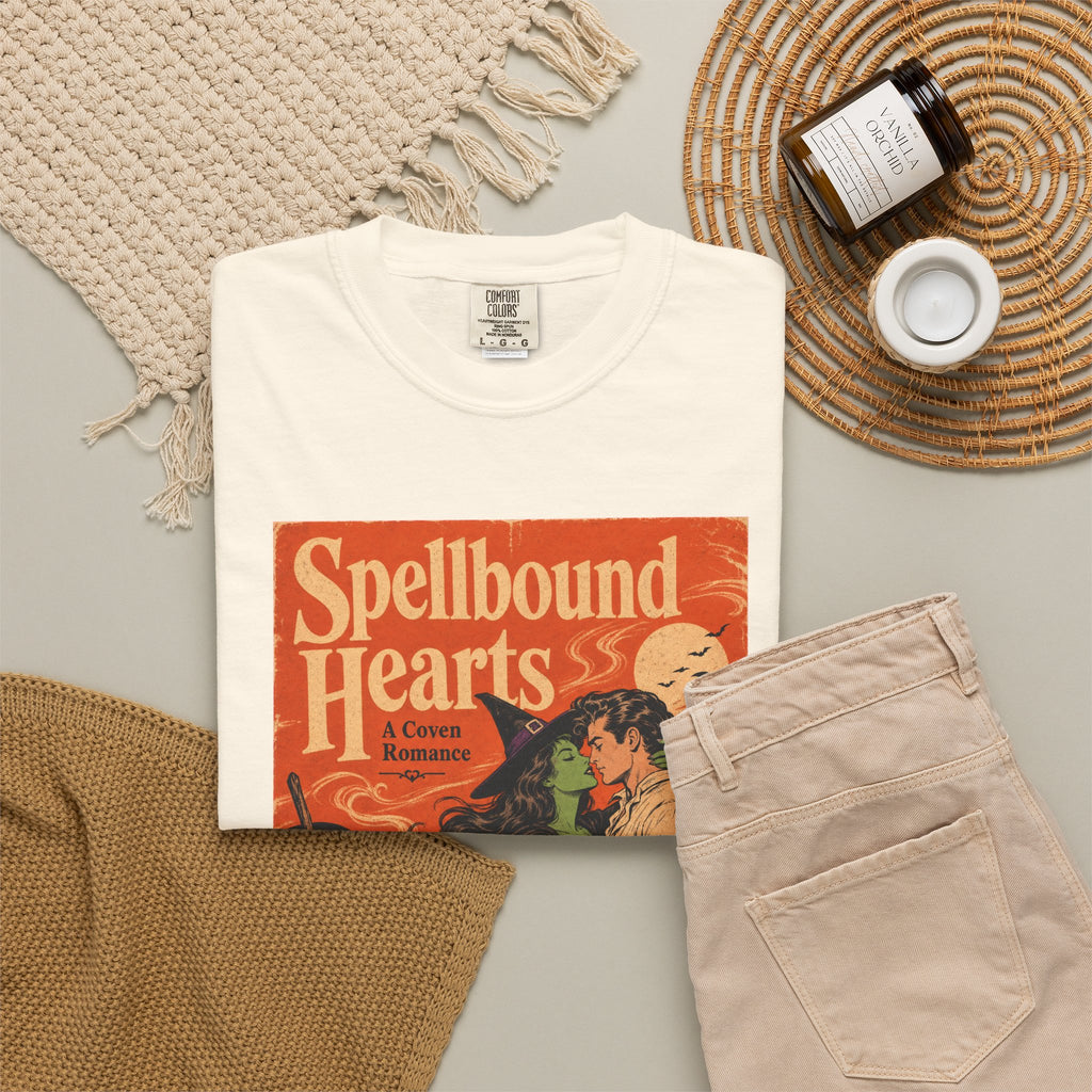 Spellbound Hearts Witch Romance Novel T-shirt in Ivory, flat lay view