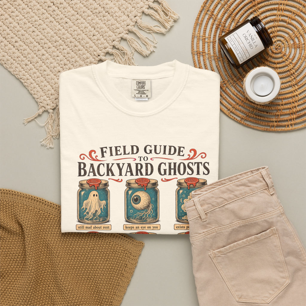 Field Guide to Backyard Ghosts T-shirt in Ivory, flat lay view