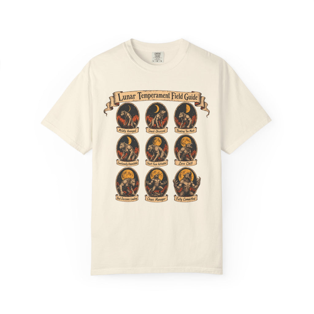 Lunar Temperament Field Guide T-shirt in Ivory, front view