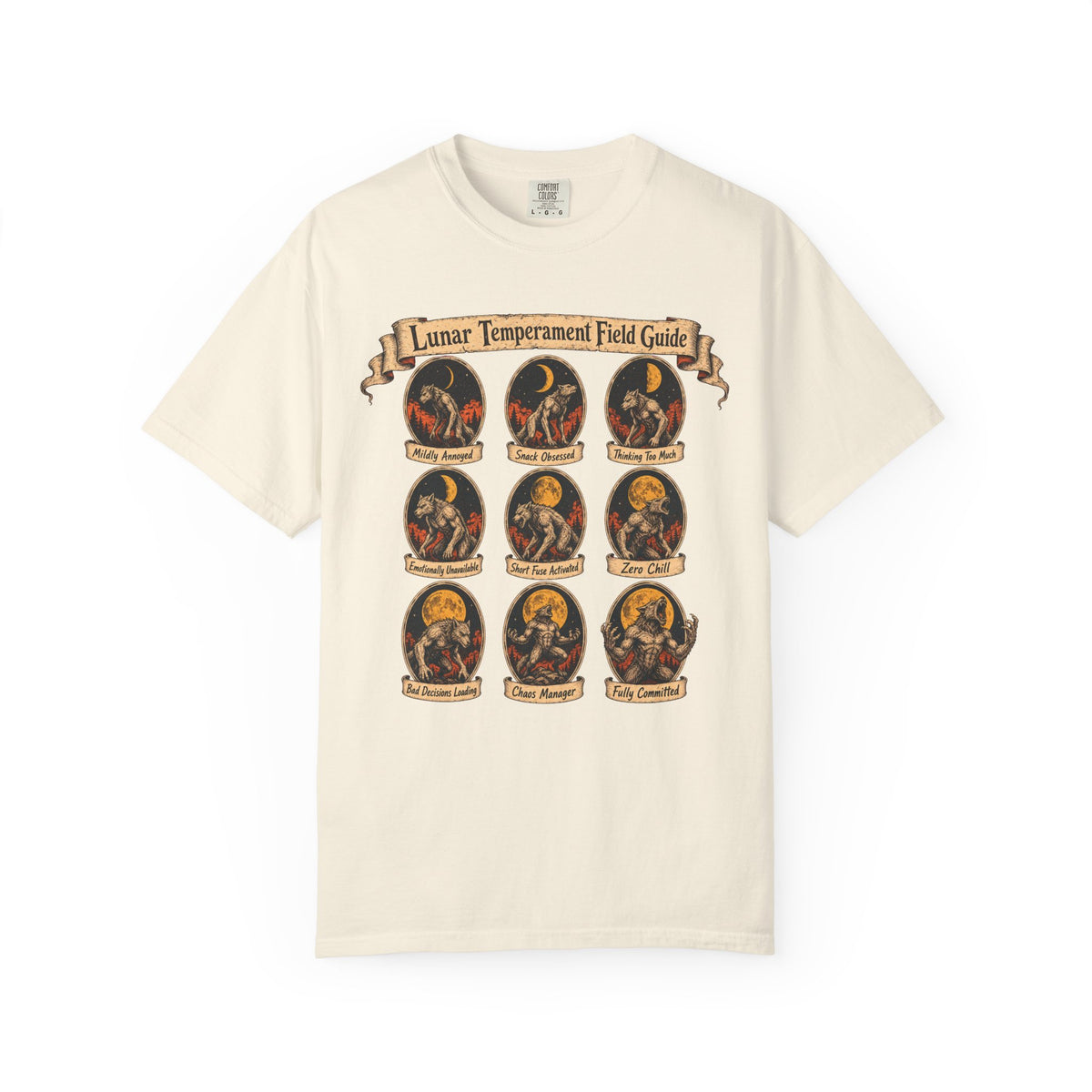 Lunar Temperament Field Guide T-shirt in Ivory, front view
