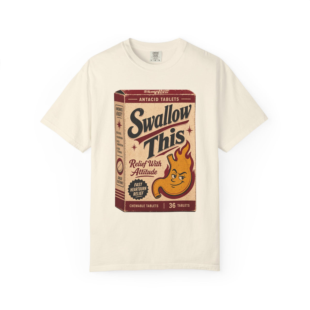 Swallow This Antacid Box T-shirt in Ivory, front view