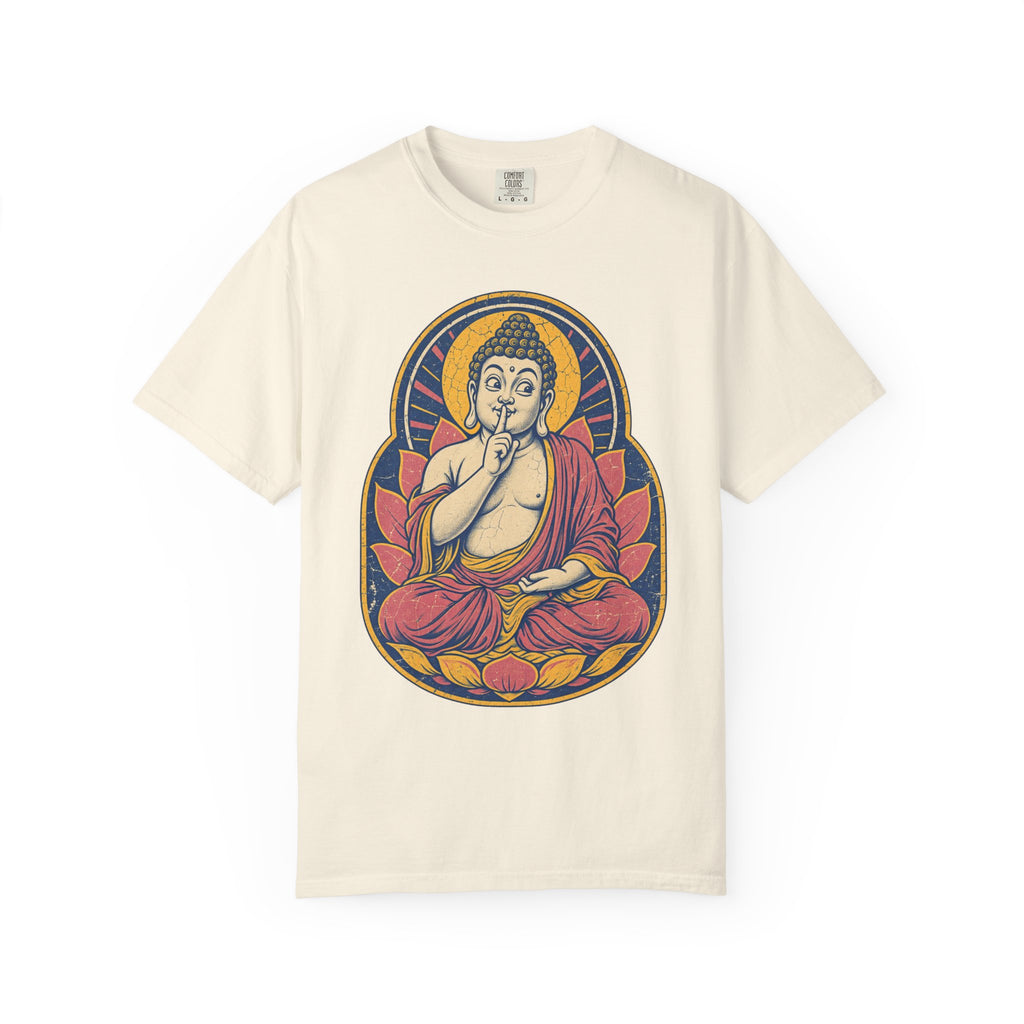 Shushing Buddha T-shirt in Ivory, front view