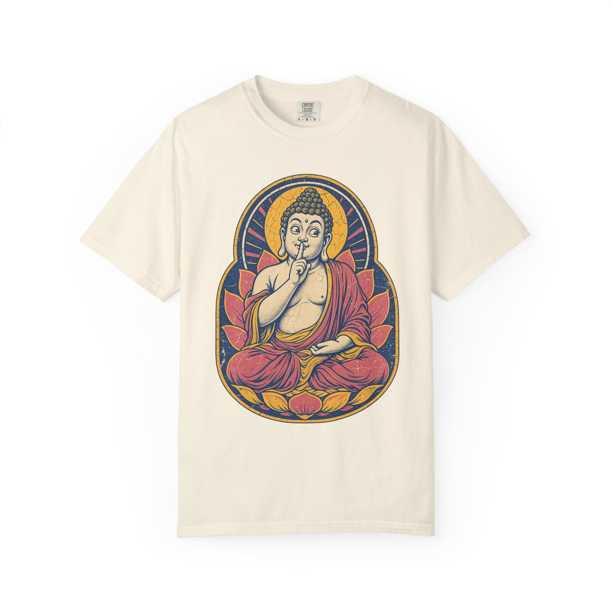 Shushing Buddha T-shirt in Ivory, front view