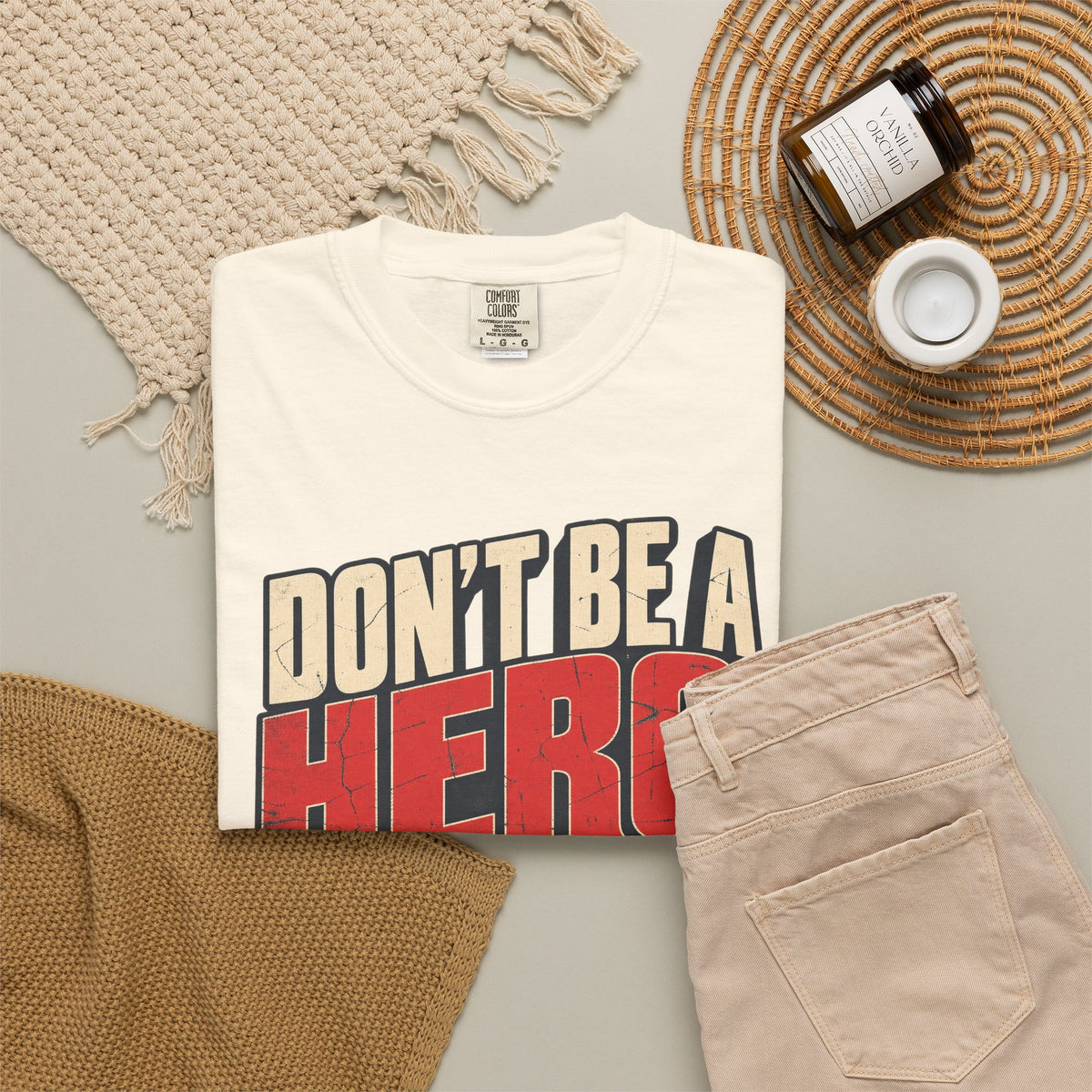 Don't Be A Hero Scherbatsky T-shirt in Ivory, flat lay view