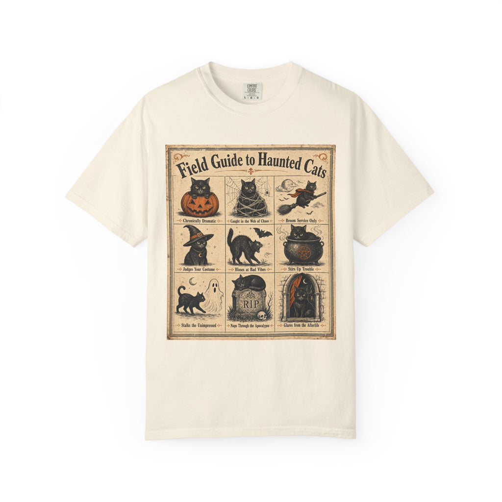 Field Guide to Haunted Cats T-shirt in Ivory, front view