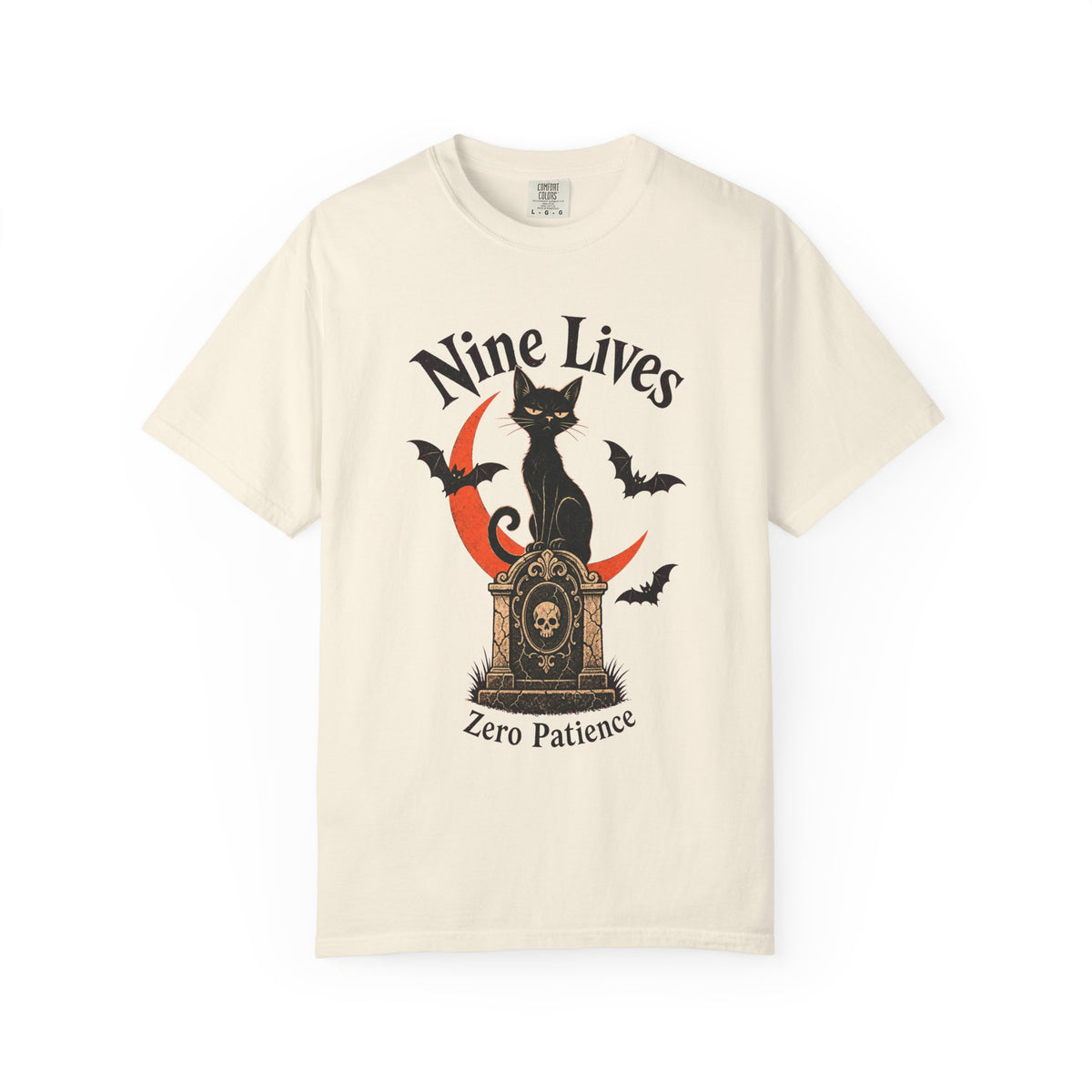 Nine Lives Zero Patience T-shirt in Ivory, front view