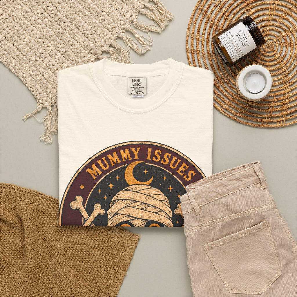 Mummy Issues Wrapped Up In Myself T-shirt in Ivory, flat lay view