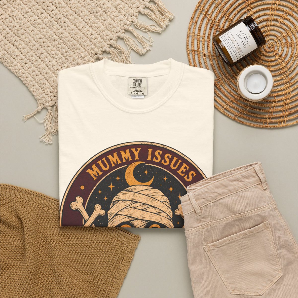 Mummy Issues Wrapped Up In Myself T-shirt in Ivory, flat lay view