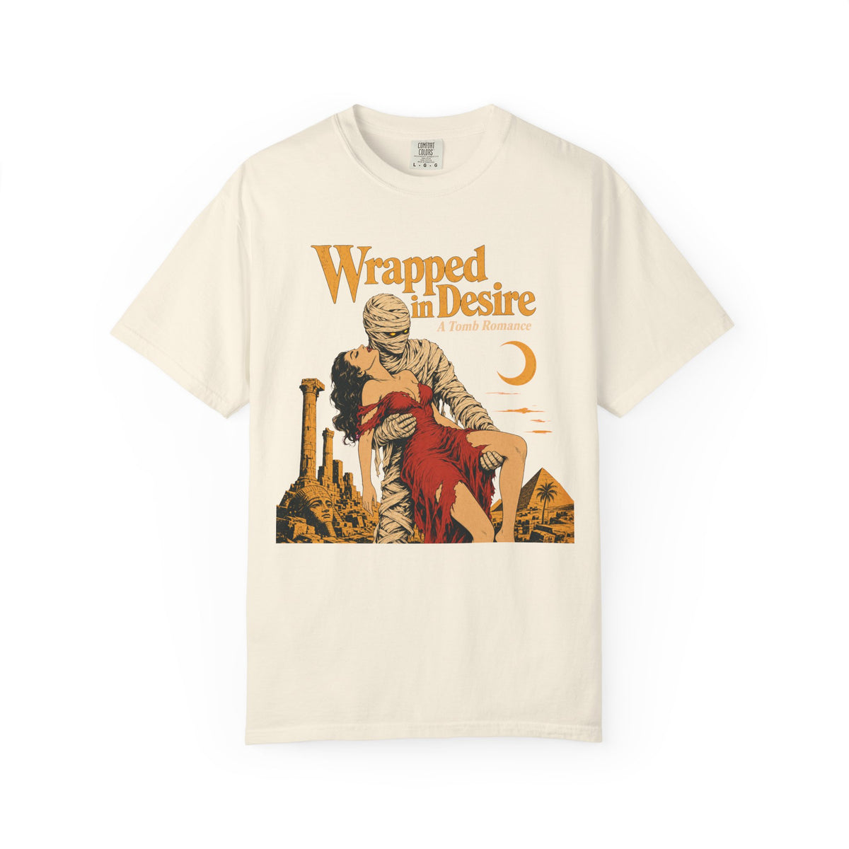 Wrapped in Desire Mummy Romance Novel T-shirt in Ivory, front view