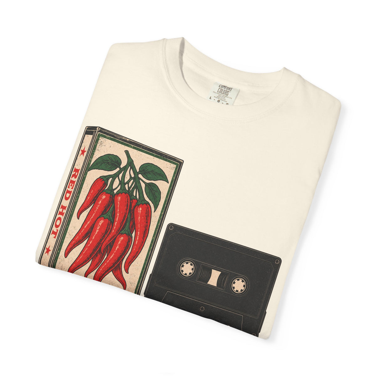 Spicy Chili Pepper Cassette Tape T-shirt in Ivory, folded view