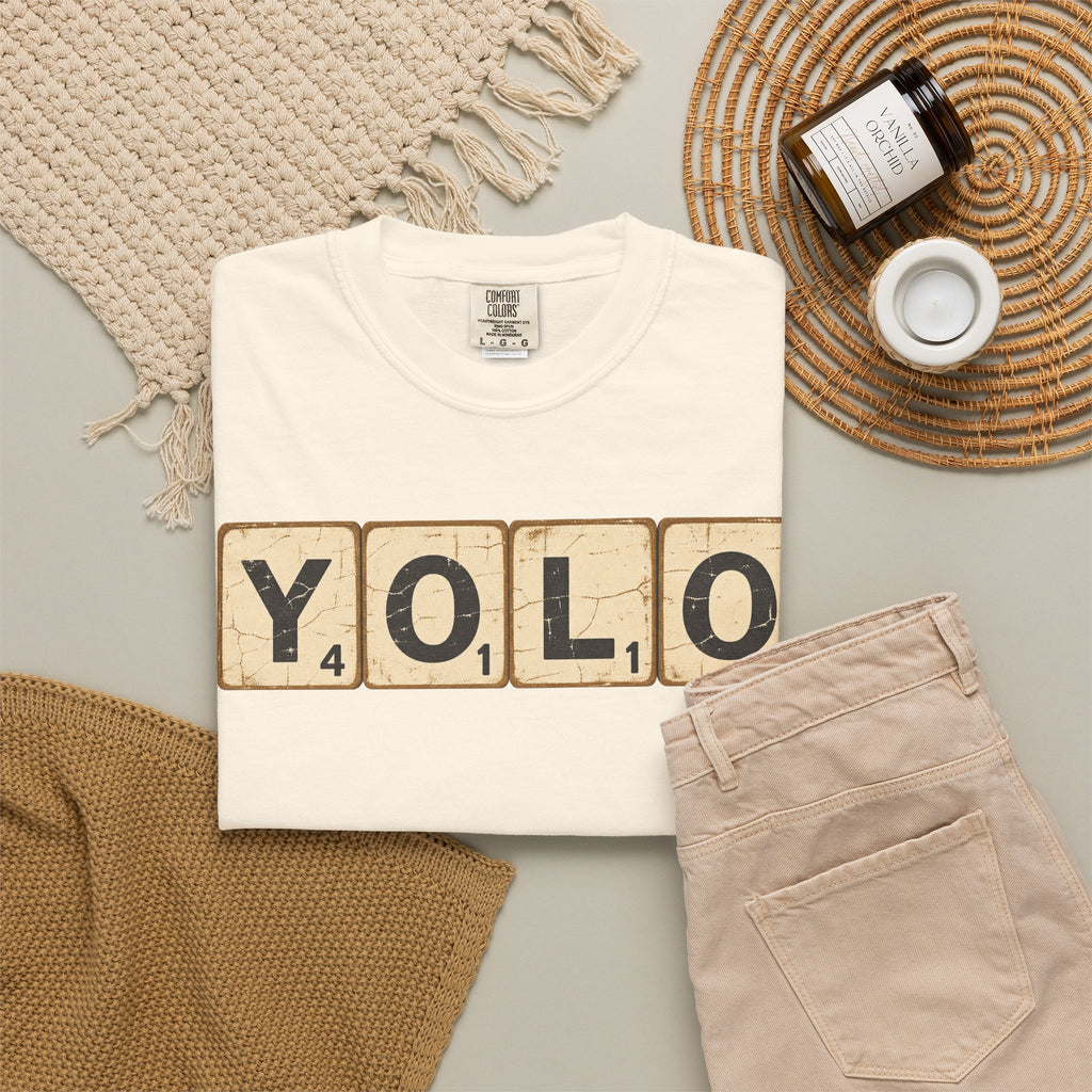 YOLO Scrabble Tiles T-shirt in Ivory, flat lay view