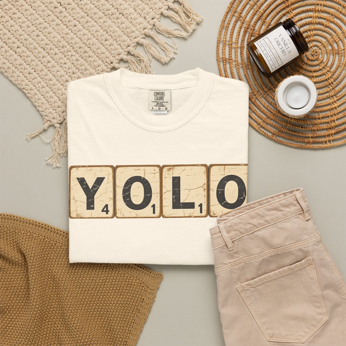 YOLO Scrabble Tiles T-shirt in Ivory, flat lay view