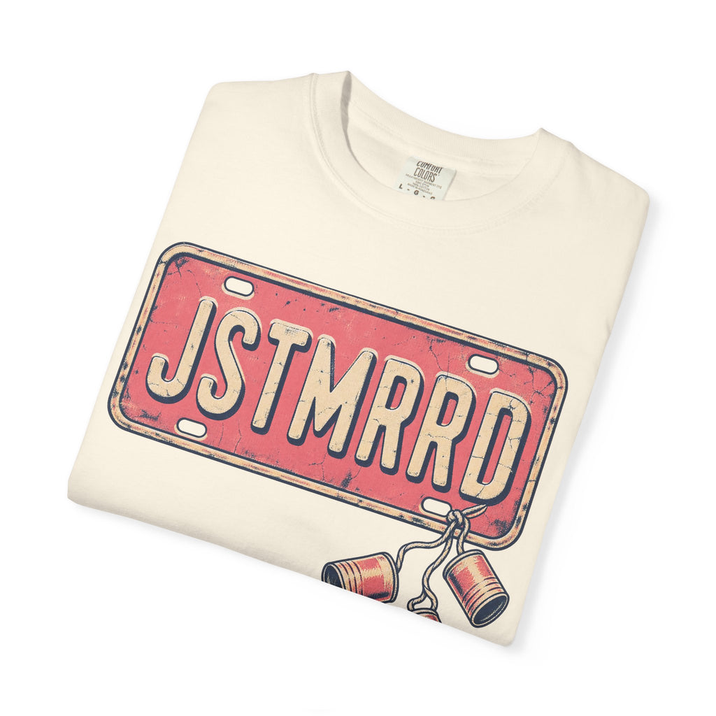 Just Married License Plate T-shirt in Ivory, folded view
