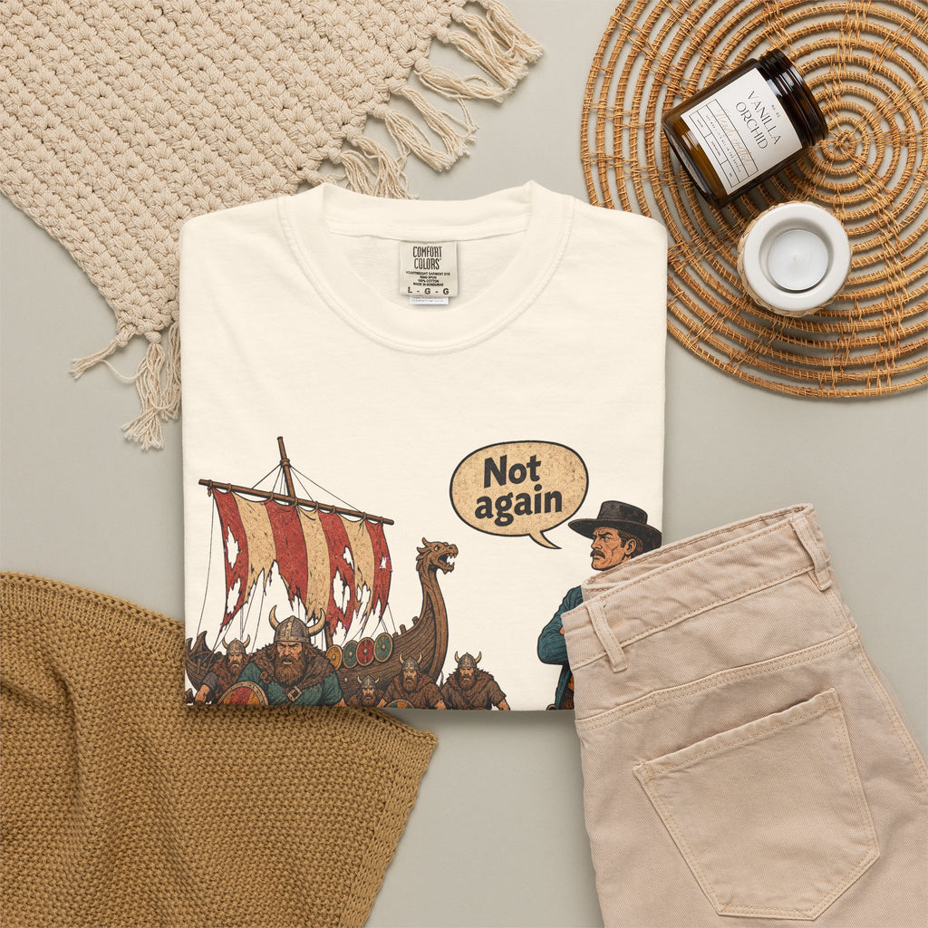 Not Again Viking Longship Landing T-shirt in Ivory, flat lay view