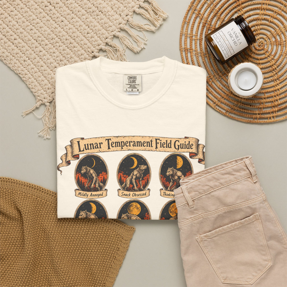 Lunar Temperament Field Guide T-shirt in Ivory, flat lay view