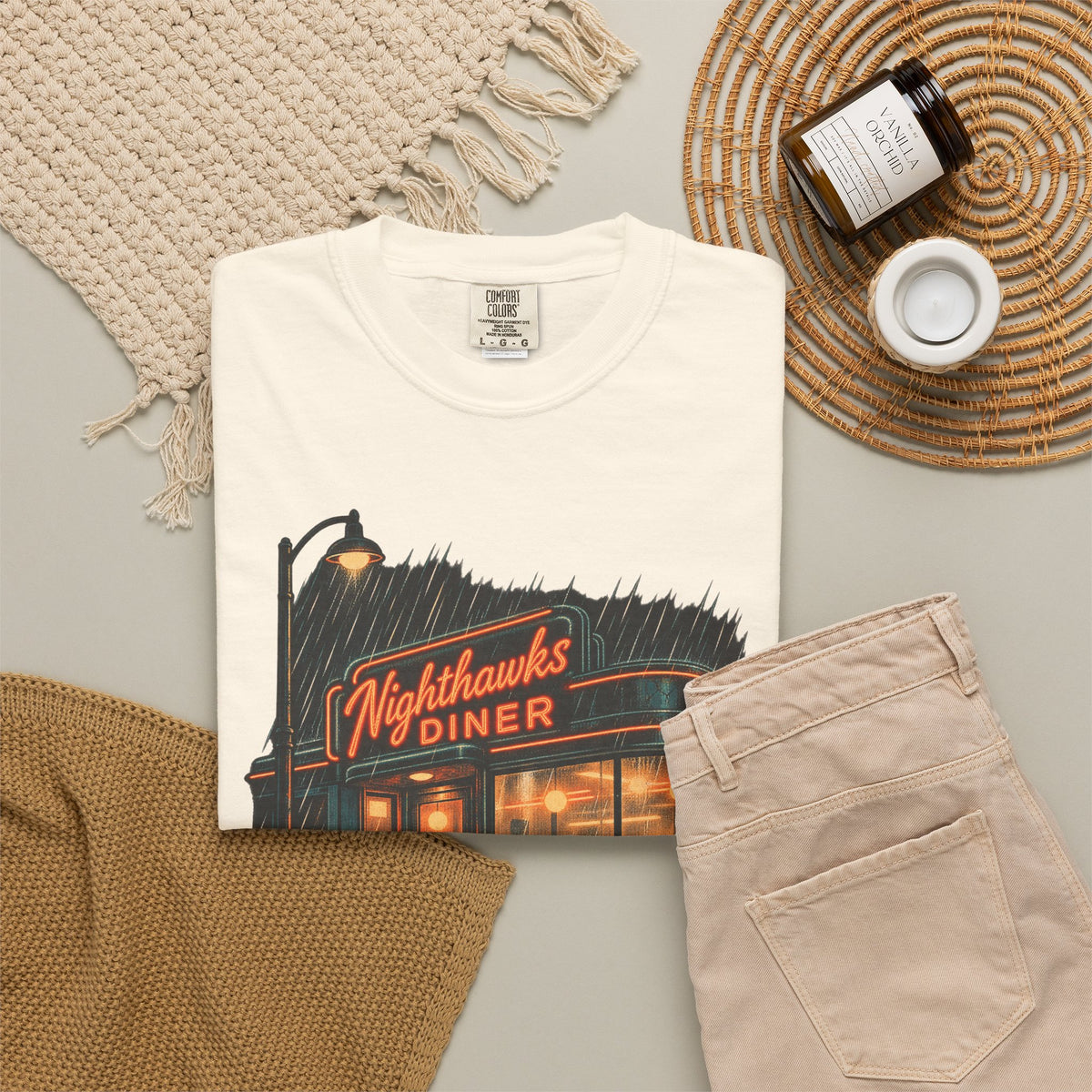 Nighthawks Diner T-shirt in Ivory, flat lay view