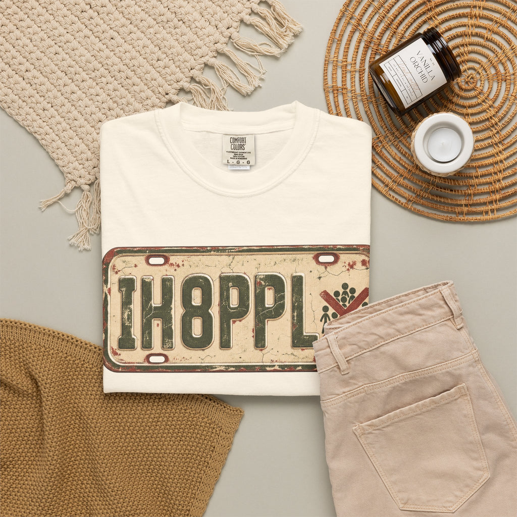IH8PPL License Plate T-shirt in Ivory, flat lay view