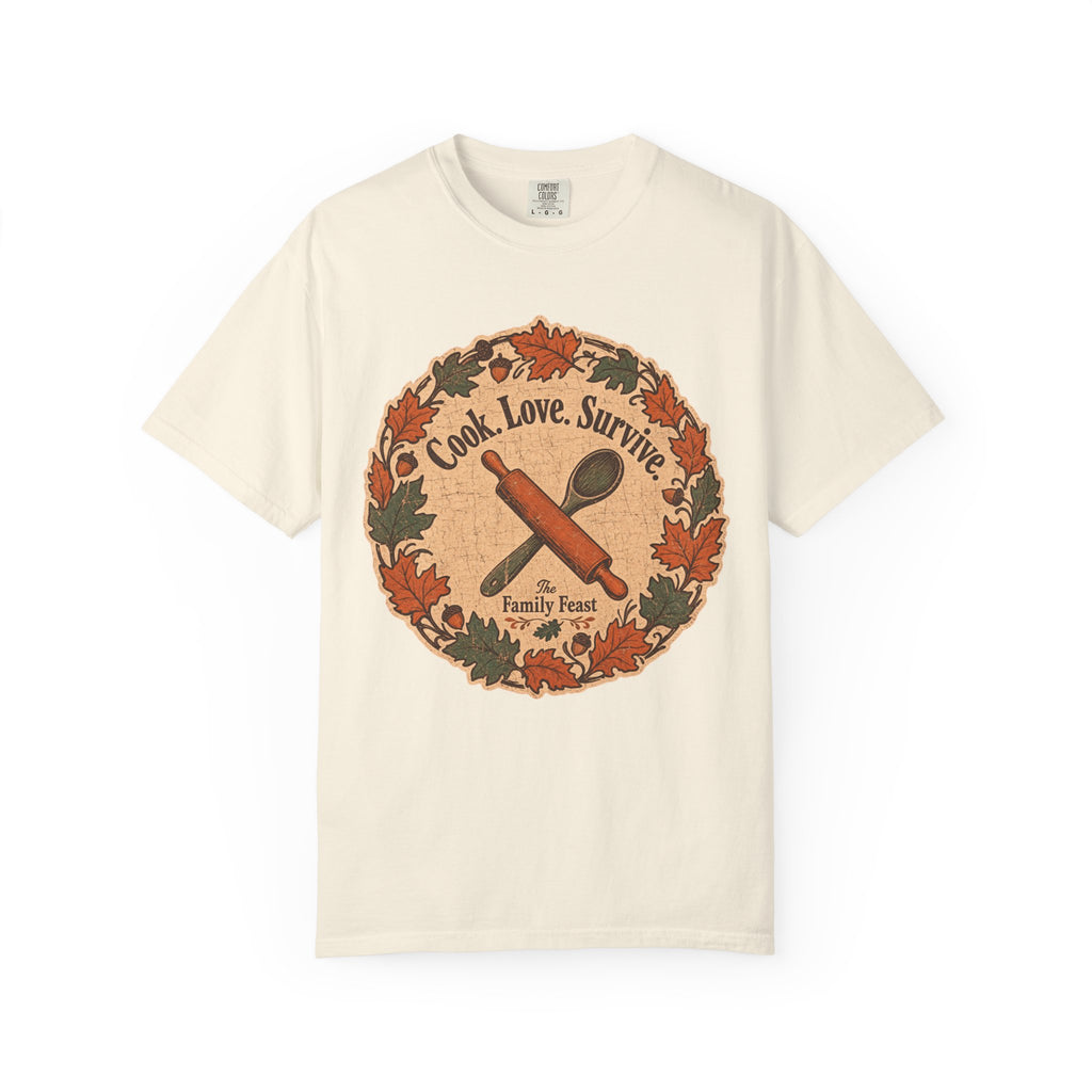Cook Love Survive T-shirt in Ivory, front view
